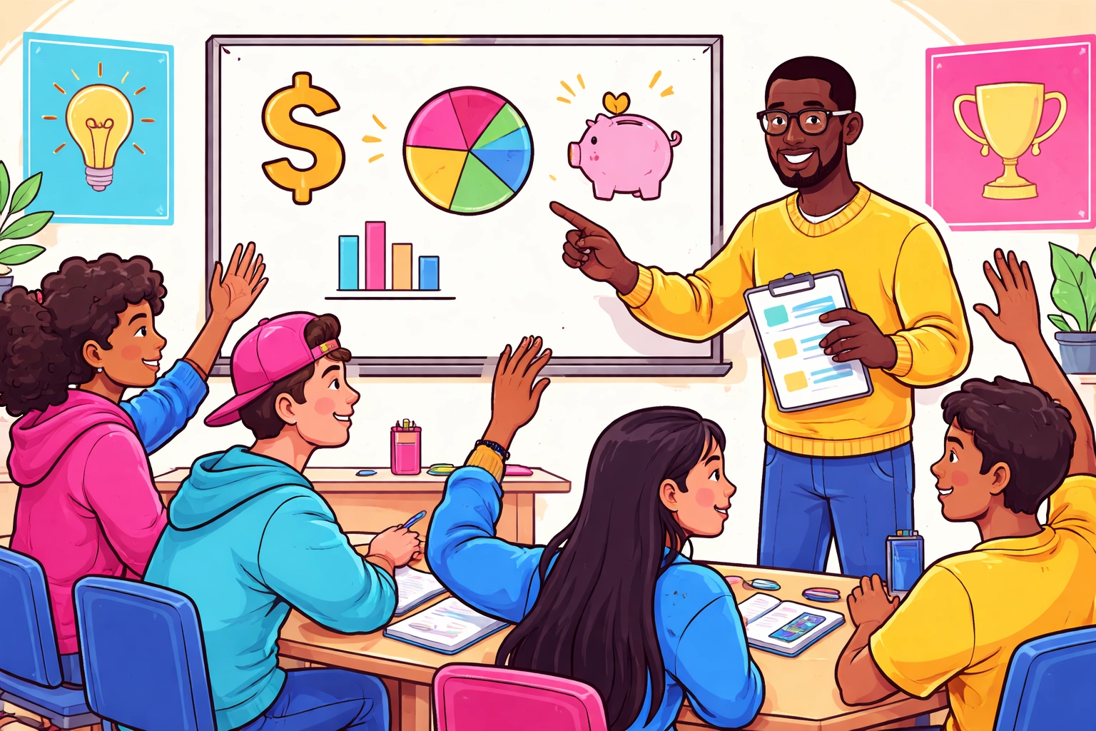 Cartoon-style graphic: minority mentor teaching teens budgeting and money basics (TBCC pink-yellow-blue palette)