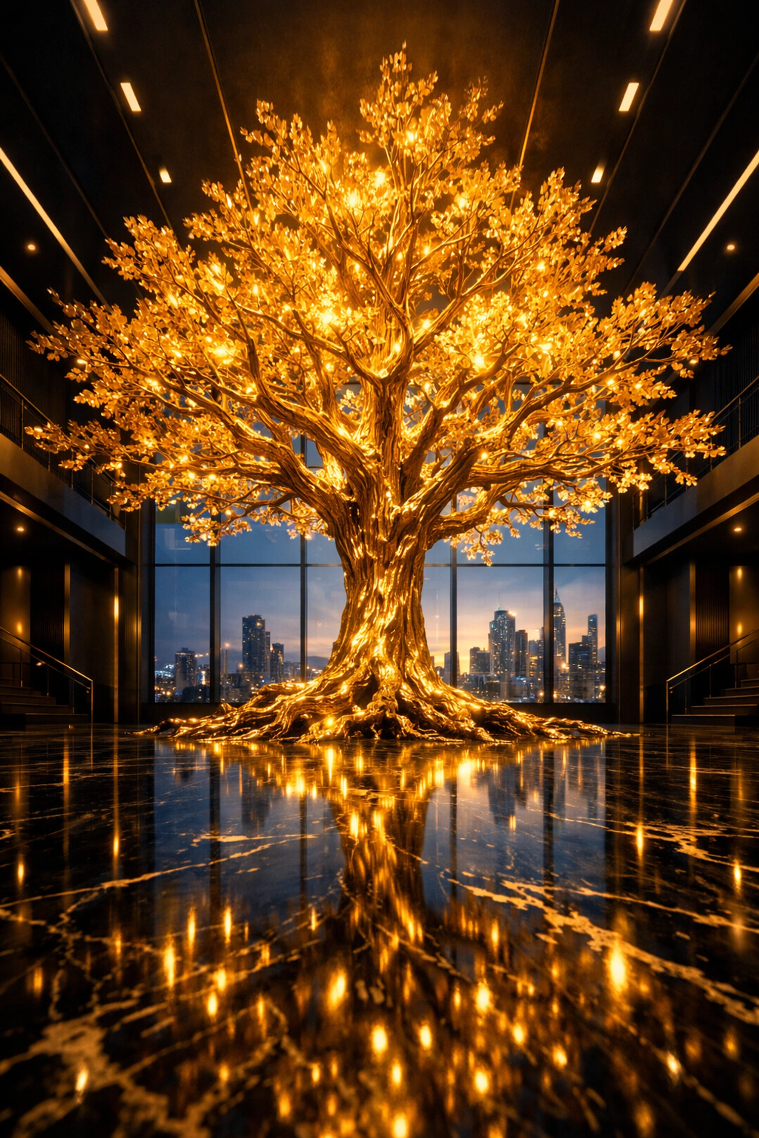 A golden tree in an executive office symbolizing tax-efficient personal wealth building and tax-free growth.