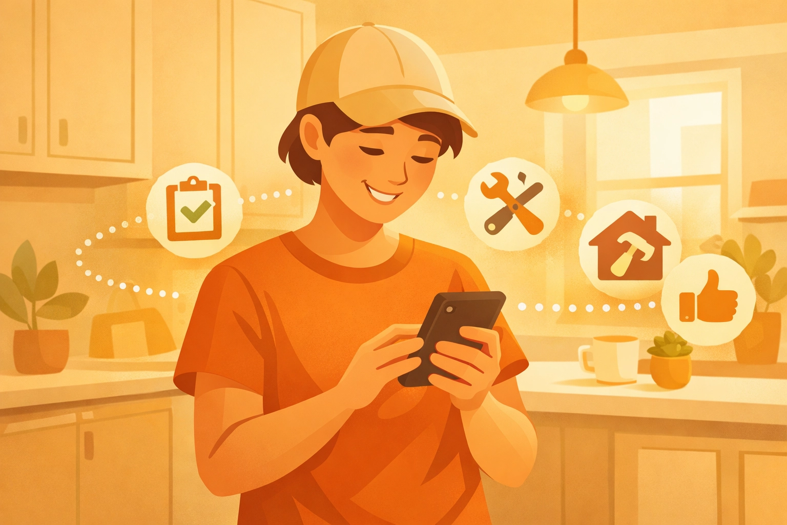 Happy homeowner tracking project progress with a professional photo timeline app on a smartphone.