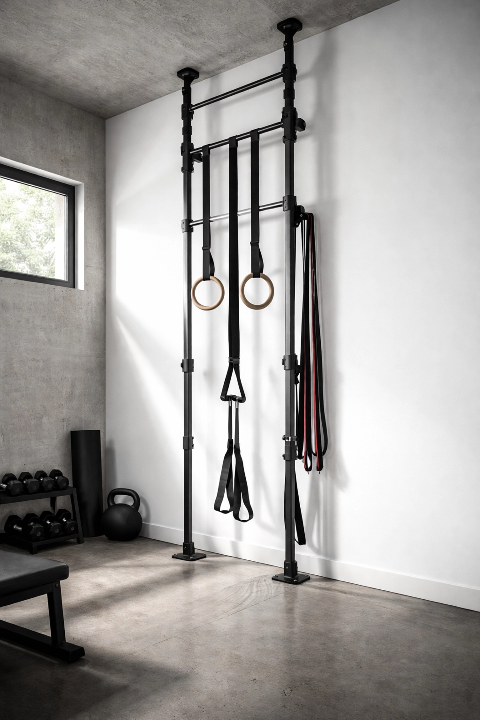 Floor-to-ceiling home gym system with gymnastic rings, resistance bands, and suspension trainer for versatile training