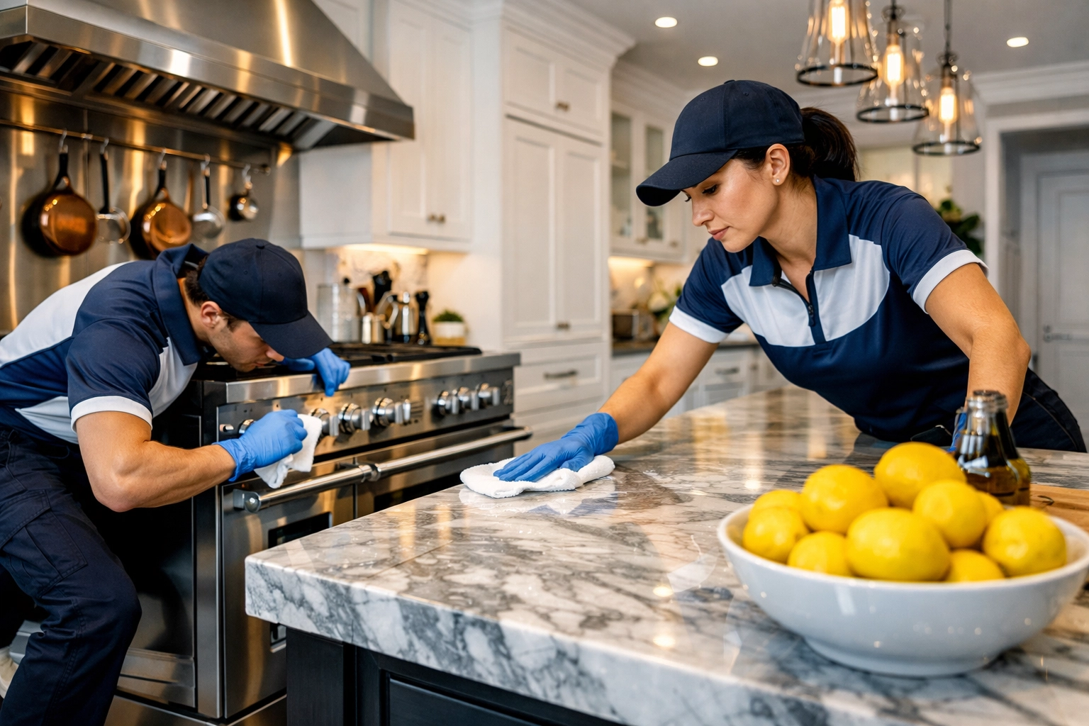 Professional team providing detailed luxury cleaning in Dover for high-end gourmet kitchens.
