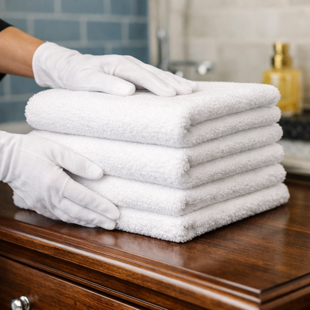 Professional cleaners in Leominster MA meticulously arranging fresh towels in a clean, modern bathroom.