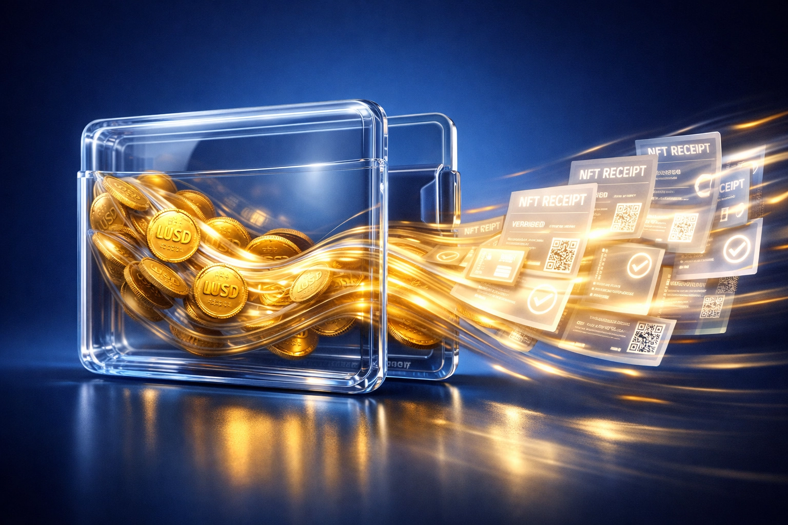 LUSD stablecoin flowing into self-custody wallet with instant settlement and NFT receipts