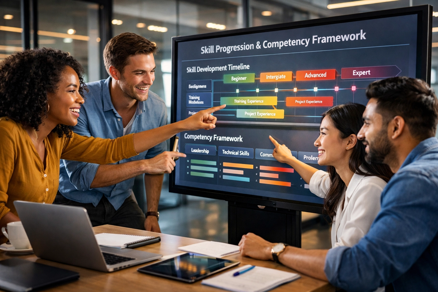 Professionals collaborating on workforce development strategy using digital skill progression frameworks