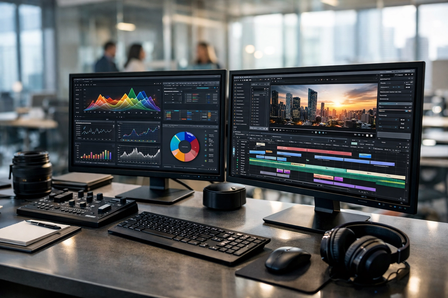 A modern office setup showing media production tools used for strategic cross-industry advertising campaigns.