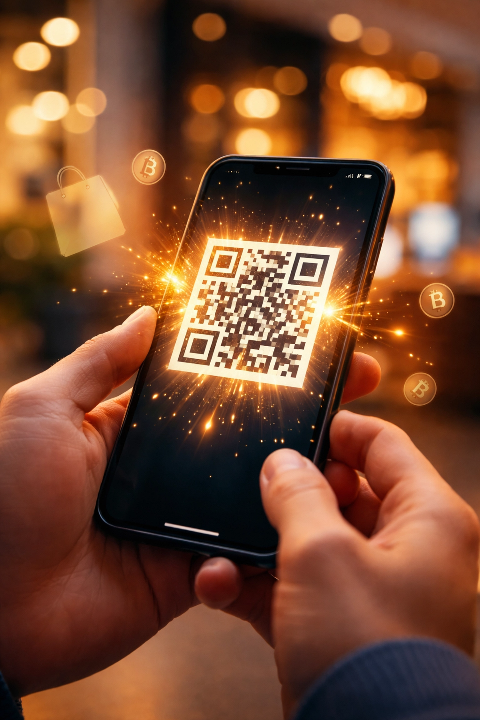 Hands holding a smartphone with a glowing QR code in a retail setting, showcasing crypto POS payments with Larecoin.
