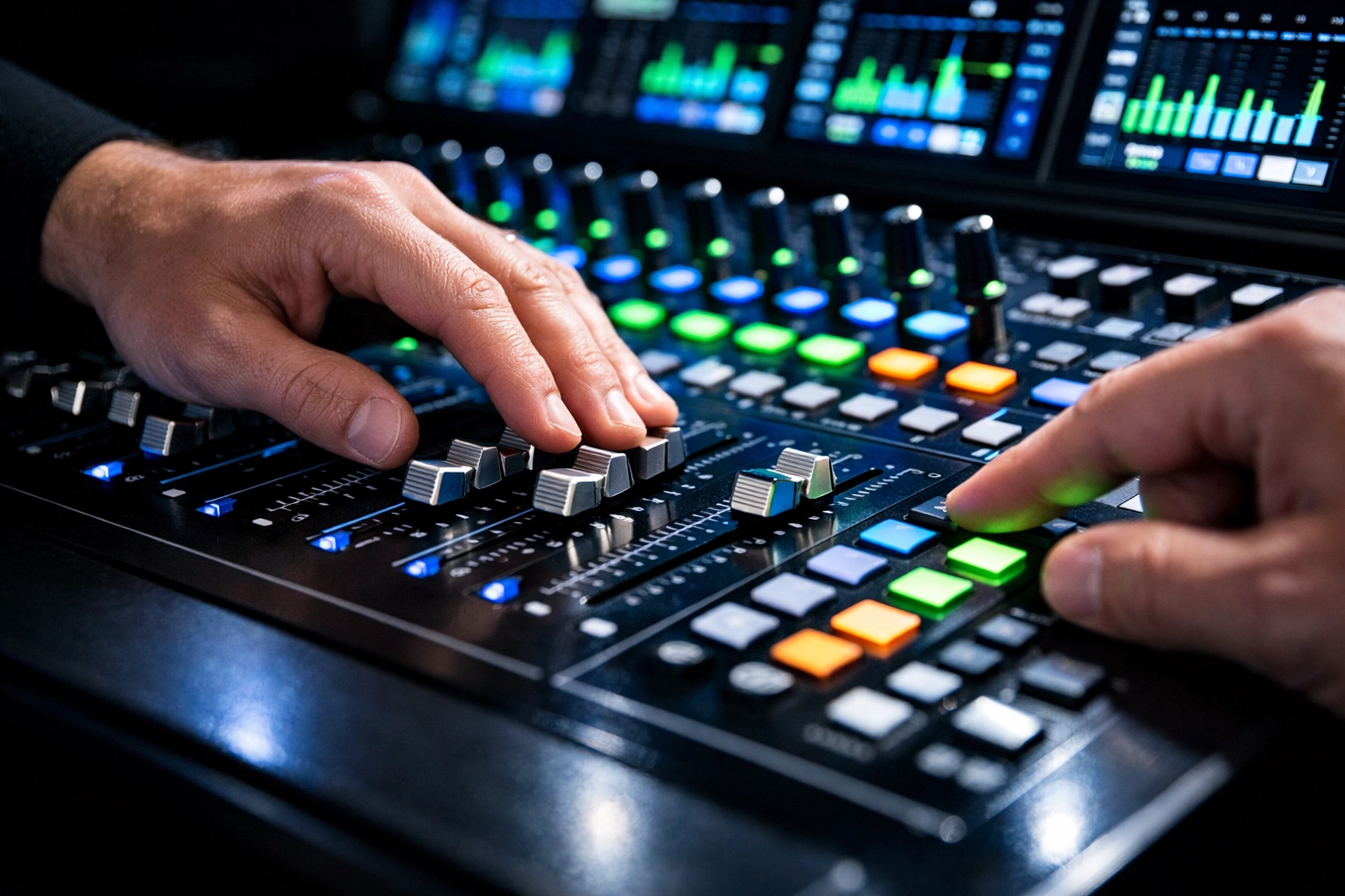 Volunteer hands adjusting a digital mixing console, showcasing simplified church audio-visual systems.