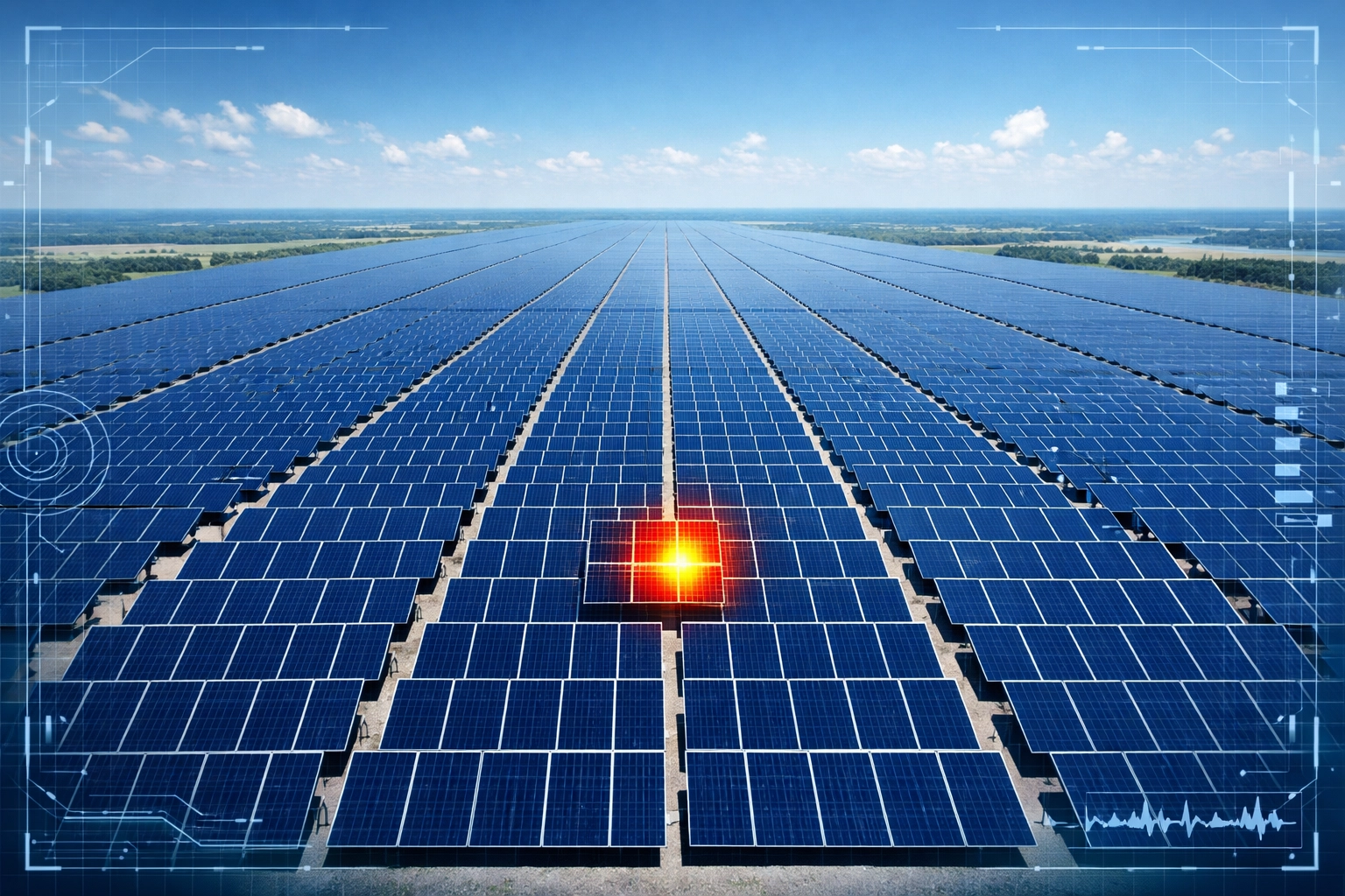 Aerial thermal imaging identifying a faulty panel and load imbalance in a solar farm array.