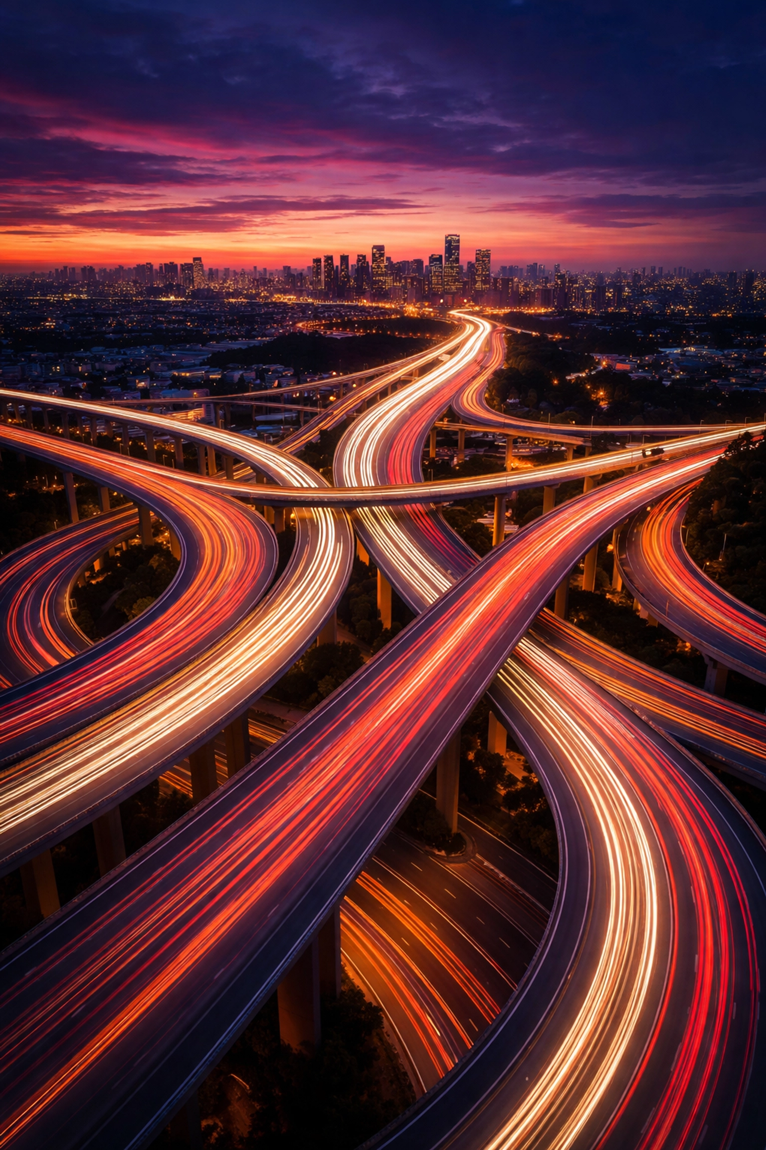 Aerial view of intricate highway interchange at dusk, visualizing complex tax strategy and financial decision-making