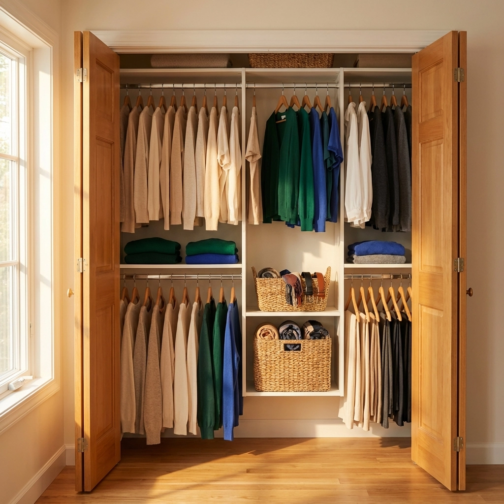 Organized bedroom closet with neatly hung clothes and baskets, showcasing decluttering tips for a stress-free space.
