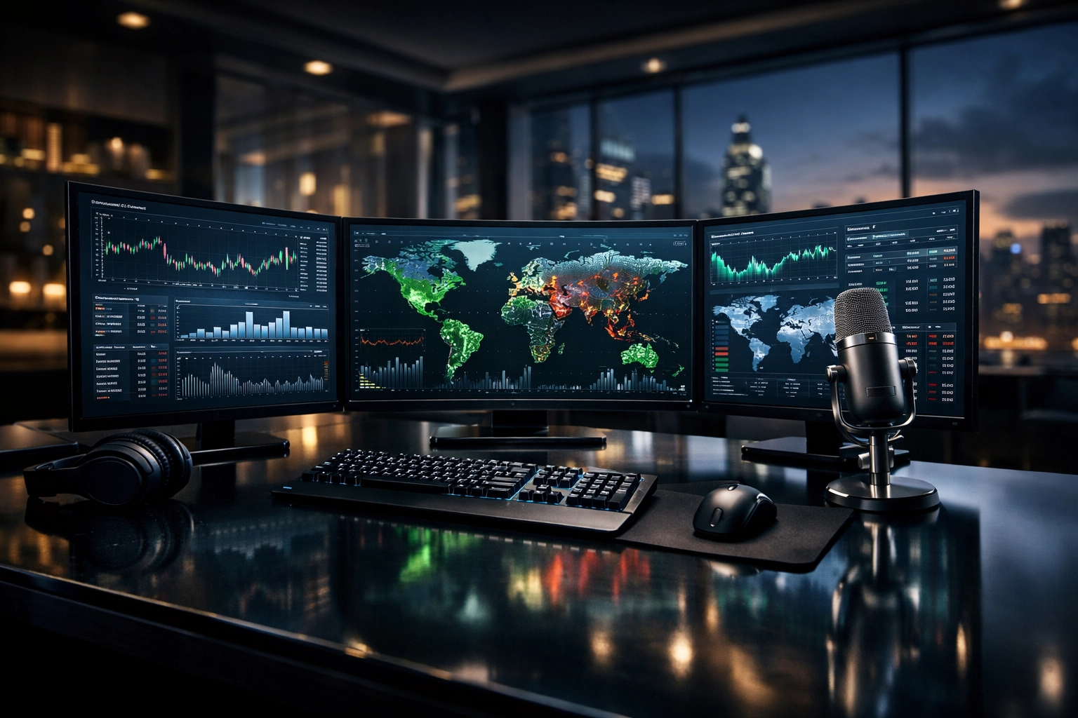 Advanced crypto trading station with multi-monitor setup and market analysis heatmaps.