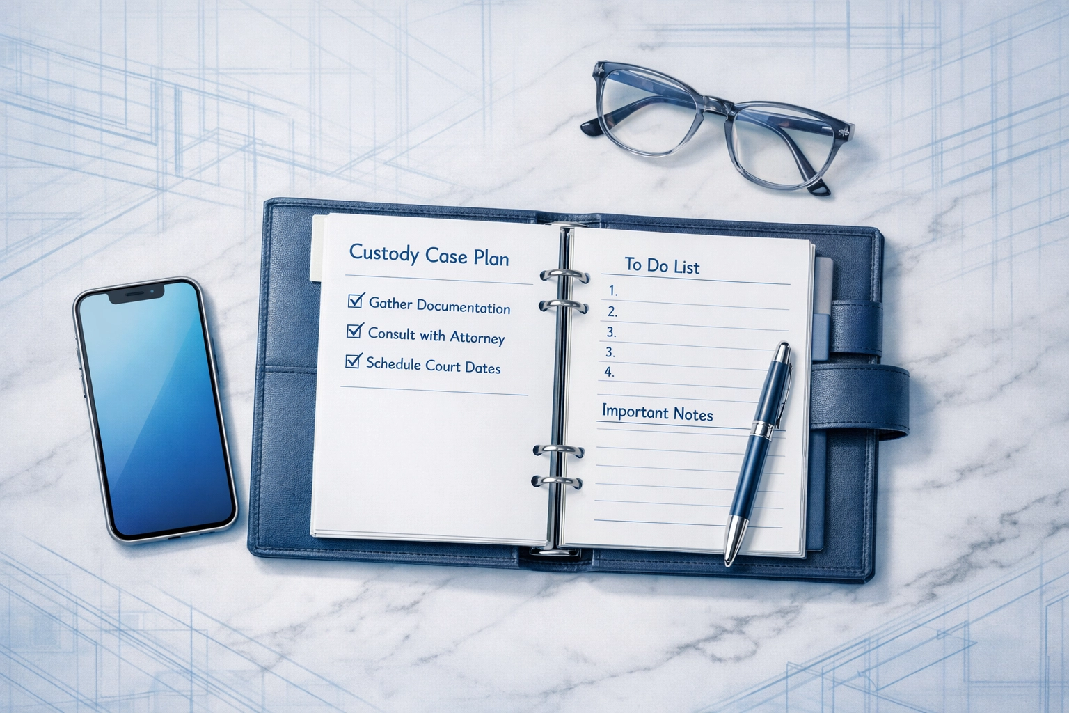 Organized workspace with planner and phone showing preparation for a Virginia Beach child custody case.