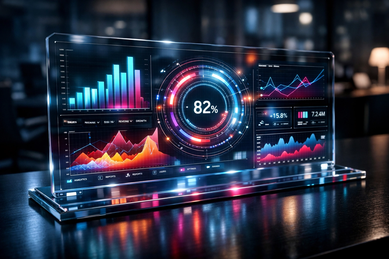 Digital analytics dashboard showing lead scoring data and business growth metrics on a glass interface.