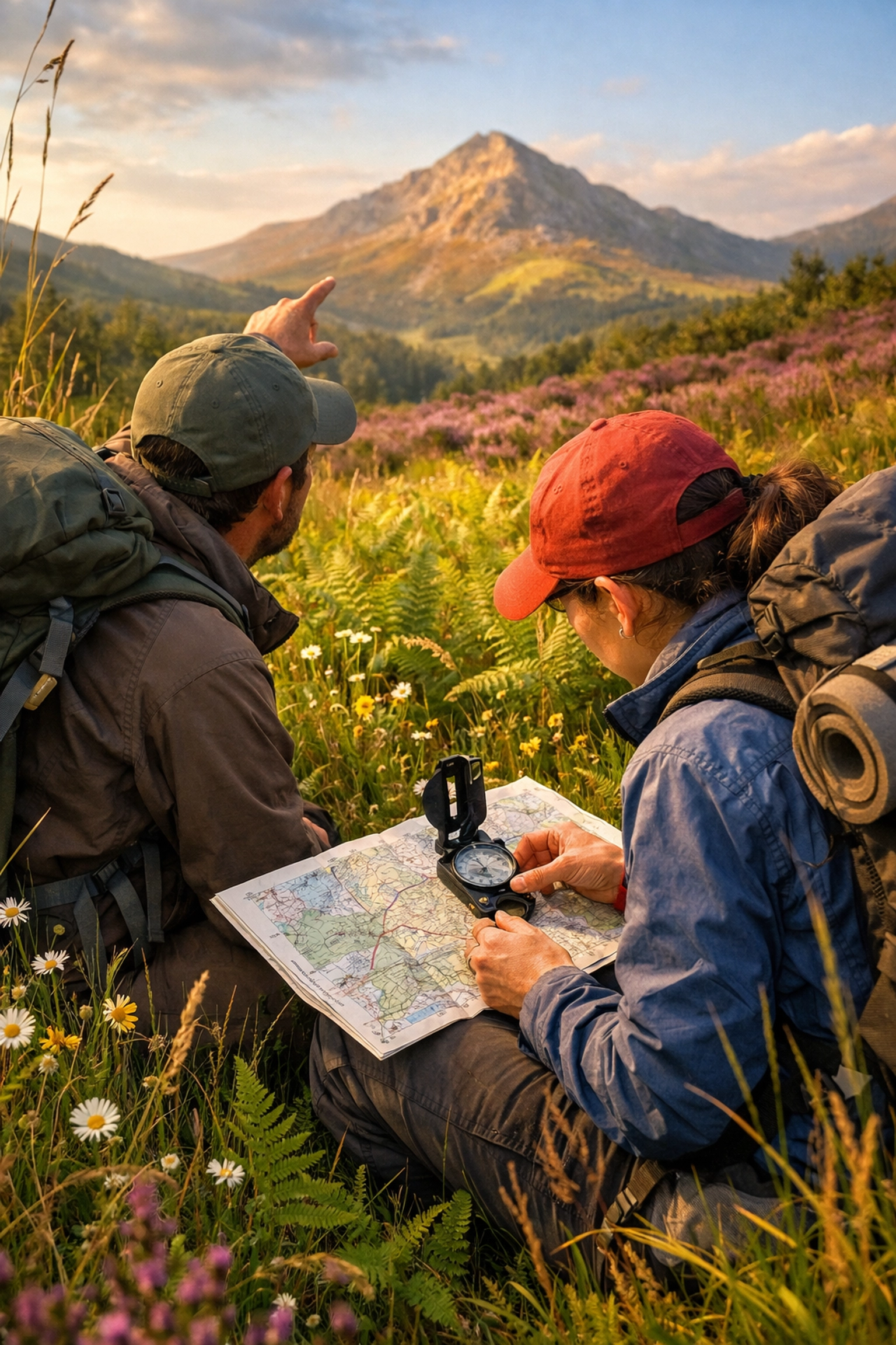 Two hikers practicing navigation skills with a map and compass during a wild camping guided UK trip.