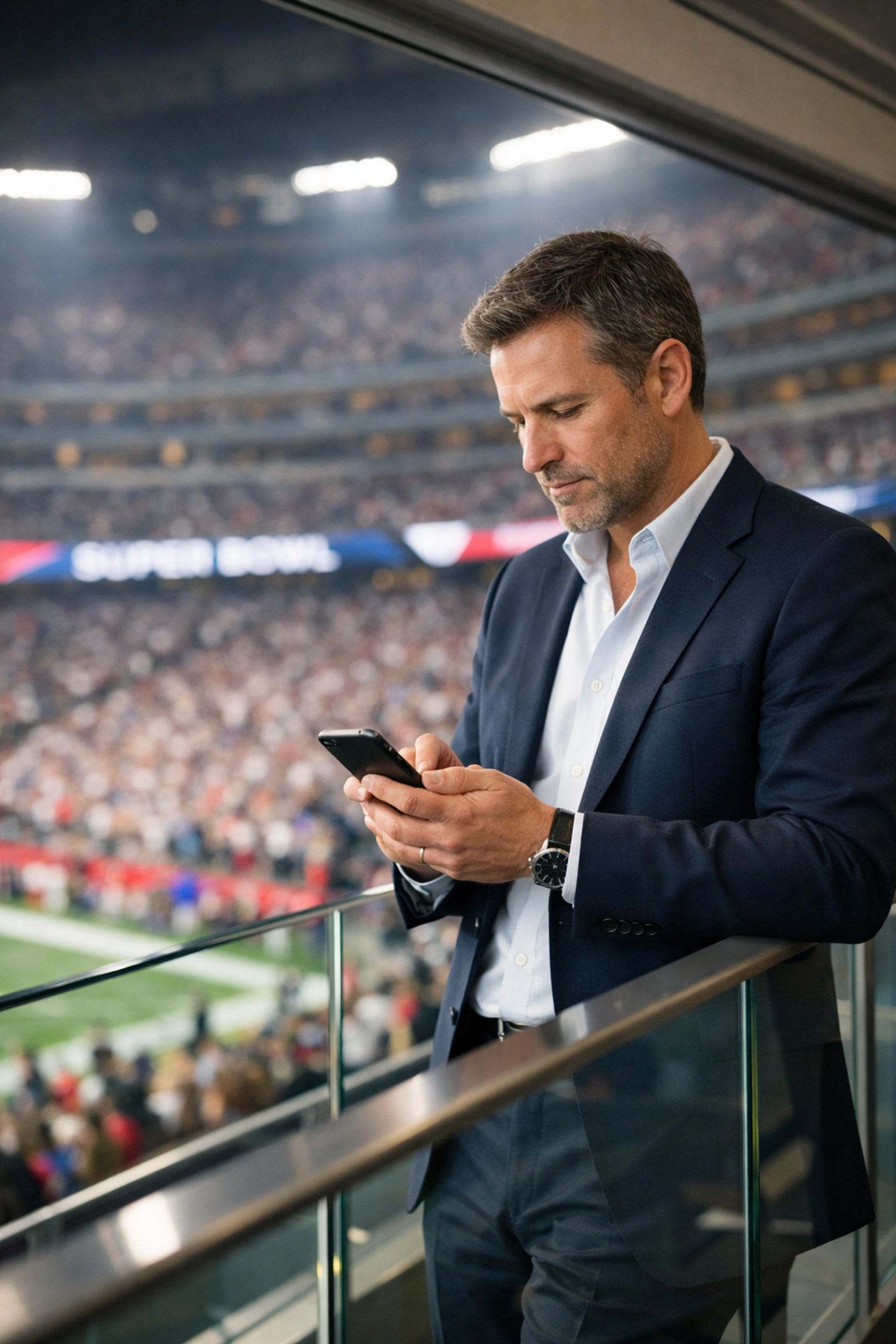 Executive taking notes on a smartphone from a stadium suite balcony during the Super Bowl.