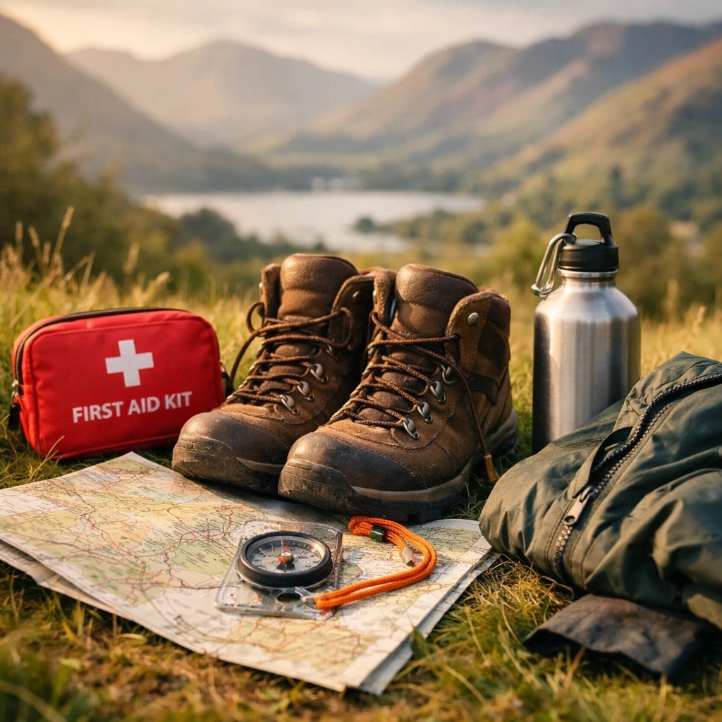 Essential hiking gear and map for Lake District trail preparation