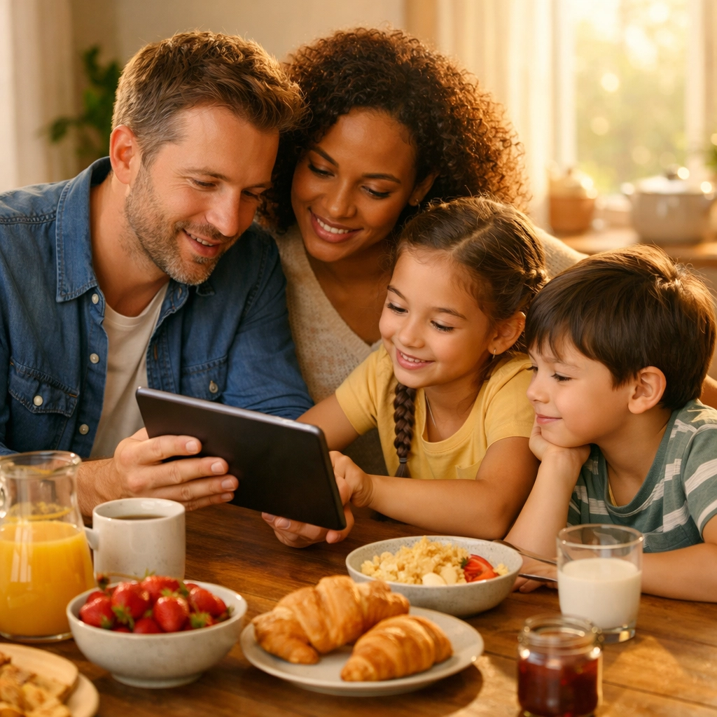 Family discussing morning news together peacefully at breakfast table with tablet