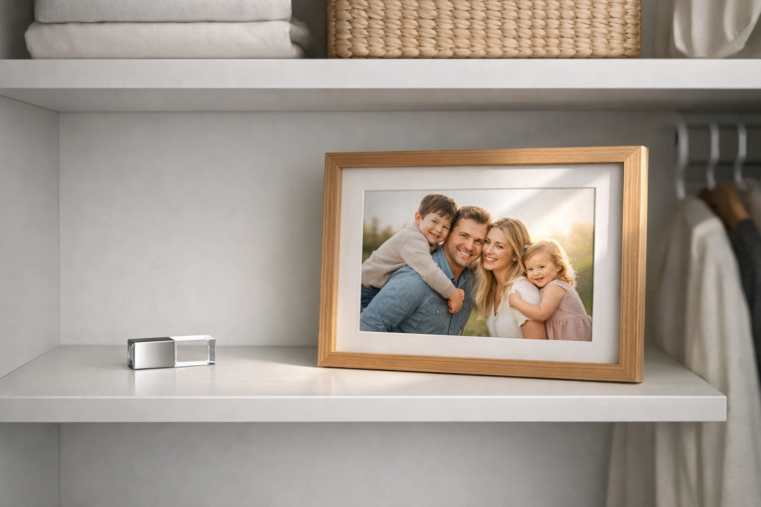 An organized closet shelf with a framed photo and a USB drive holding digitized old photos.