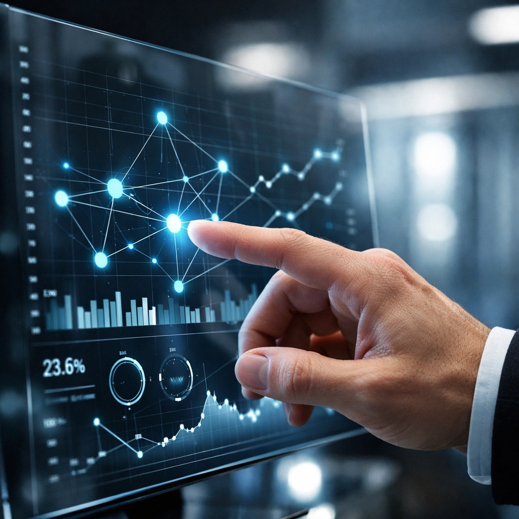 Close-up of a professional analyzing data visualizations for crisis management training and course evaluation.