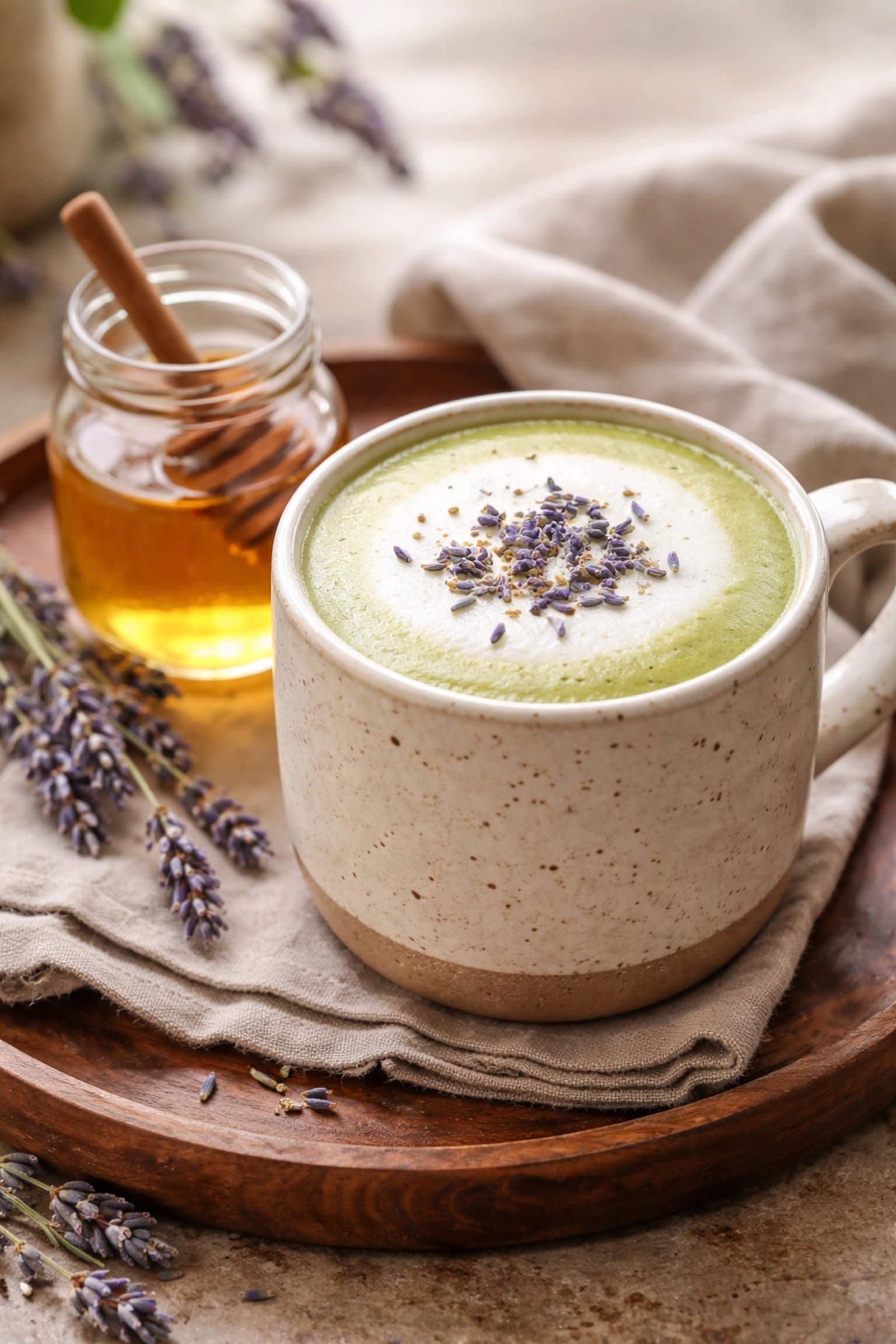 Lavender honey matcha latte with milk foam and dried lavender on a tray, showcasing a soothing stress-relief drink