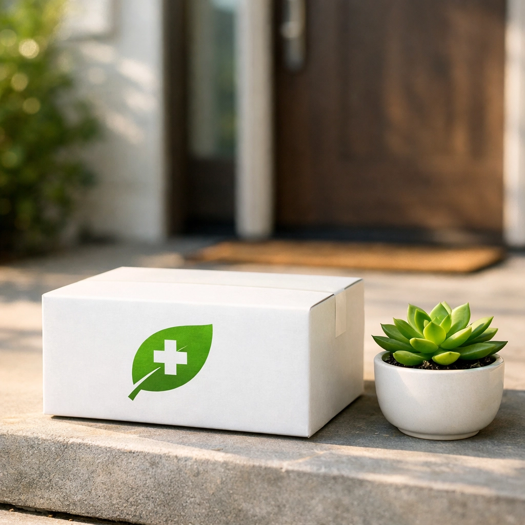 Prescription weight loss medication package delivered discreetly to a residential home doorstep.