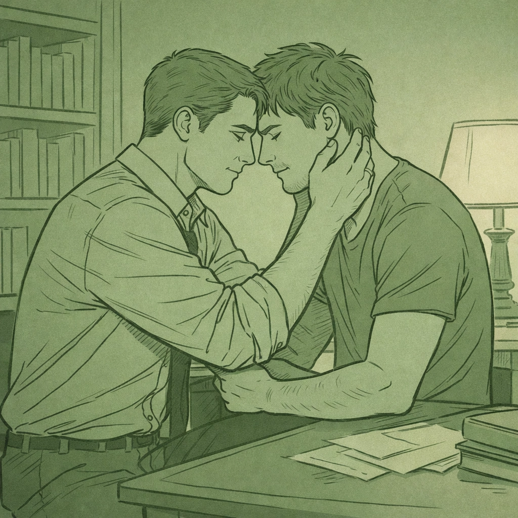 MM couple in intimate embrace showing emotional depth in character-driven gay romance