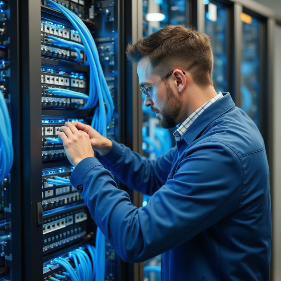 Technician organizing blue network cables in server rack