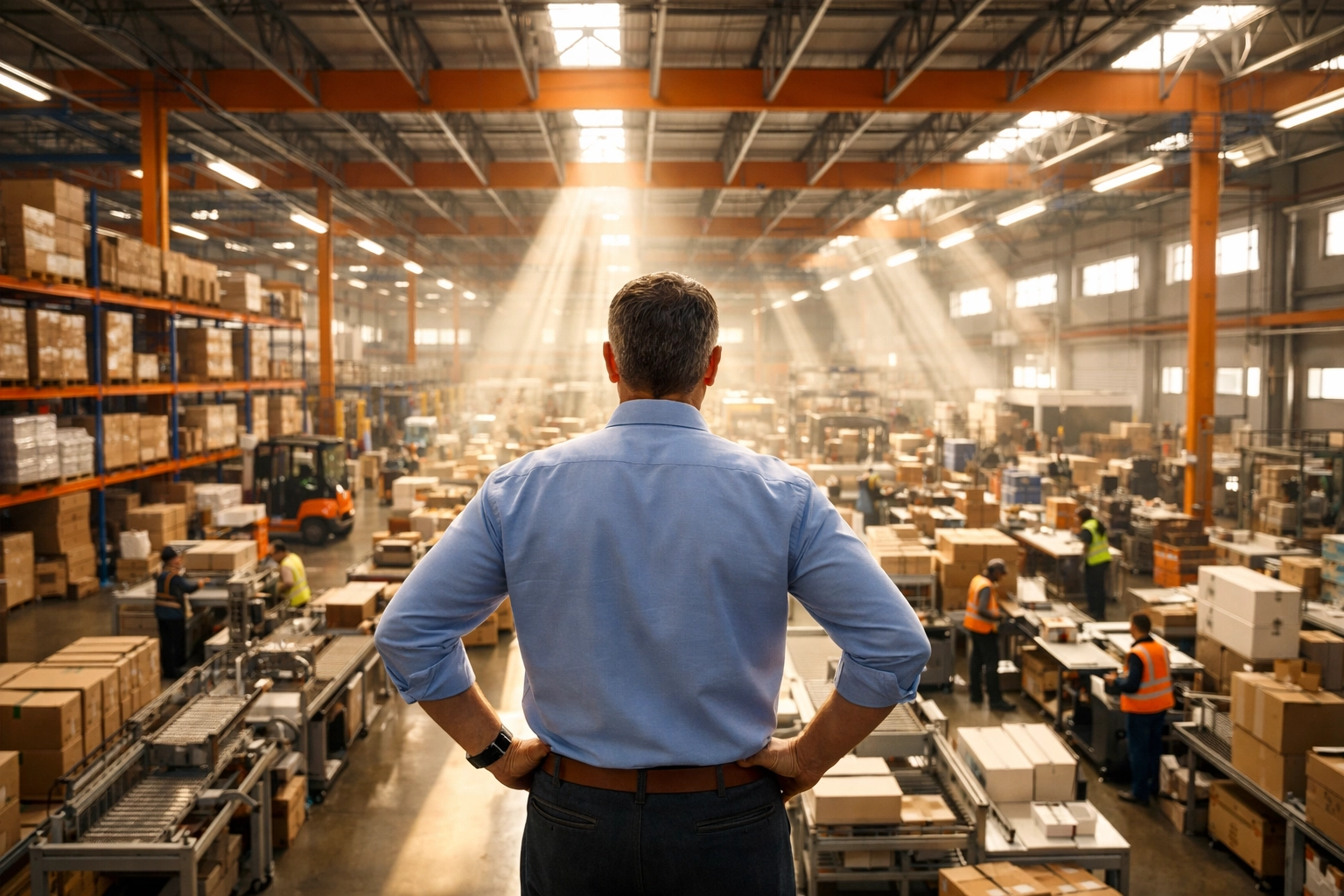 A successful business owner in a warehouse reflecting growth from an SBA 7a loan.