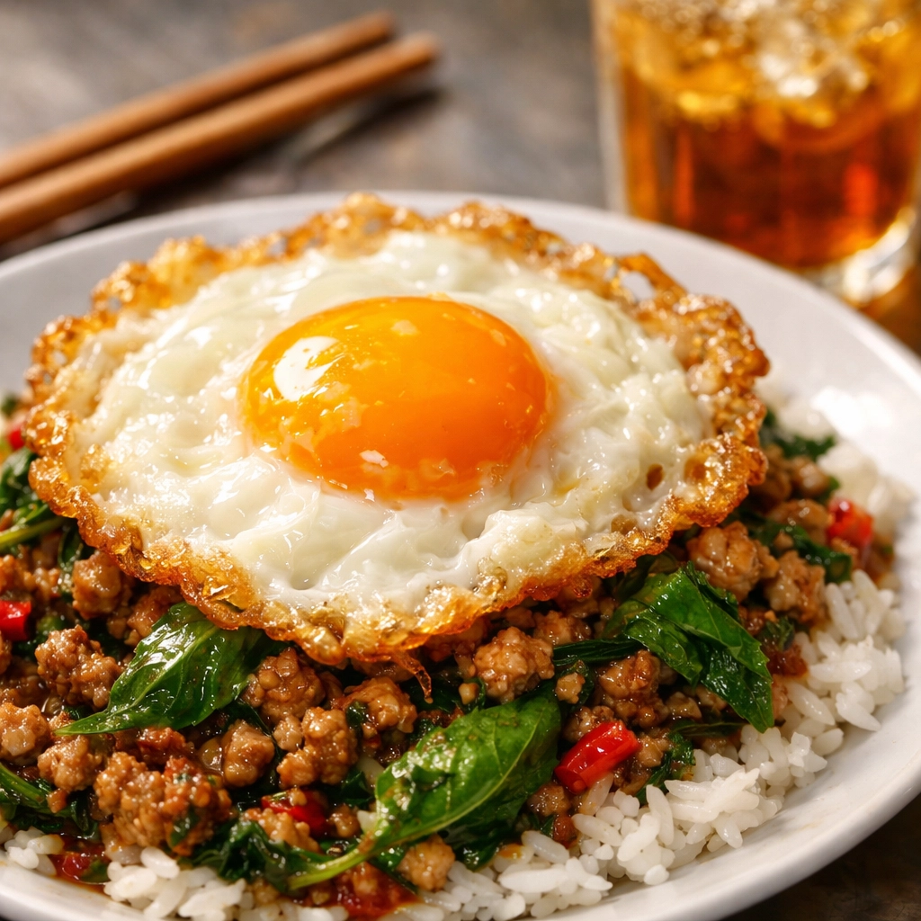 Close-up of authentic Pad Kra Pao with a fried egg at a Bangkok street stall, one of the best cheap eats.