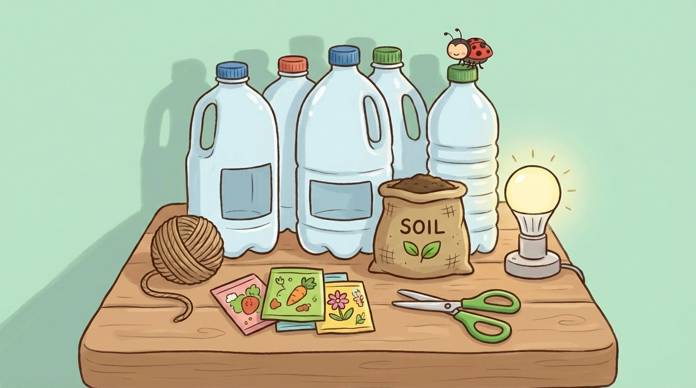 Cartoon/storybook supplies for a DIY vertical garden project, including bottles, soil, seeds, and a grow light (no people or faces)