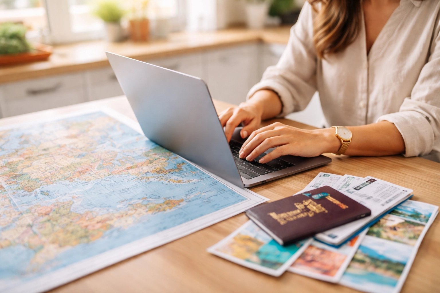 Hands typing on laptop beside travel brochures and world map, representing planning vacations from home as a travel advisor