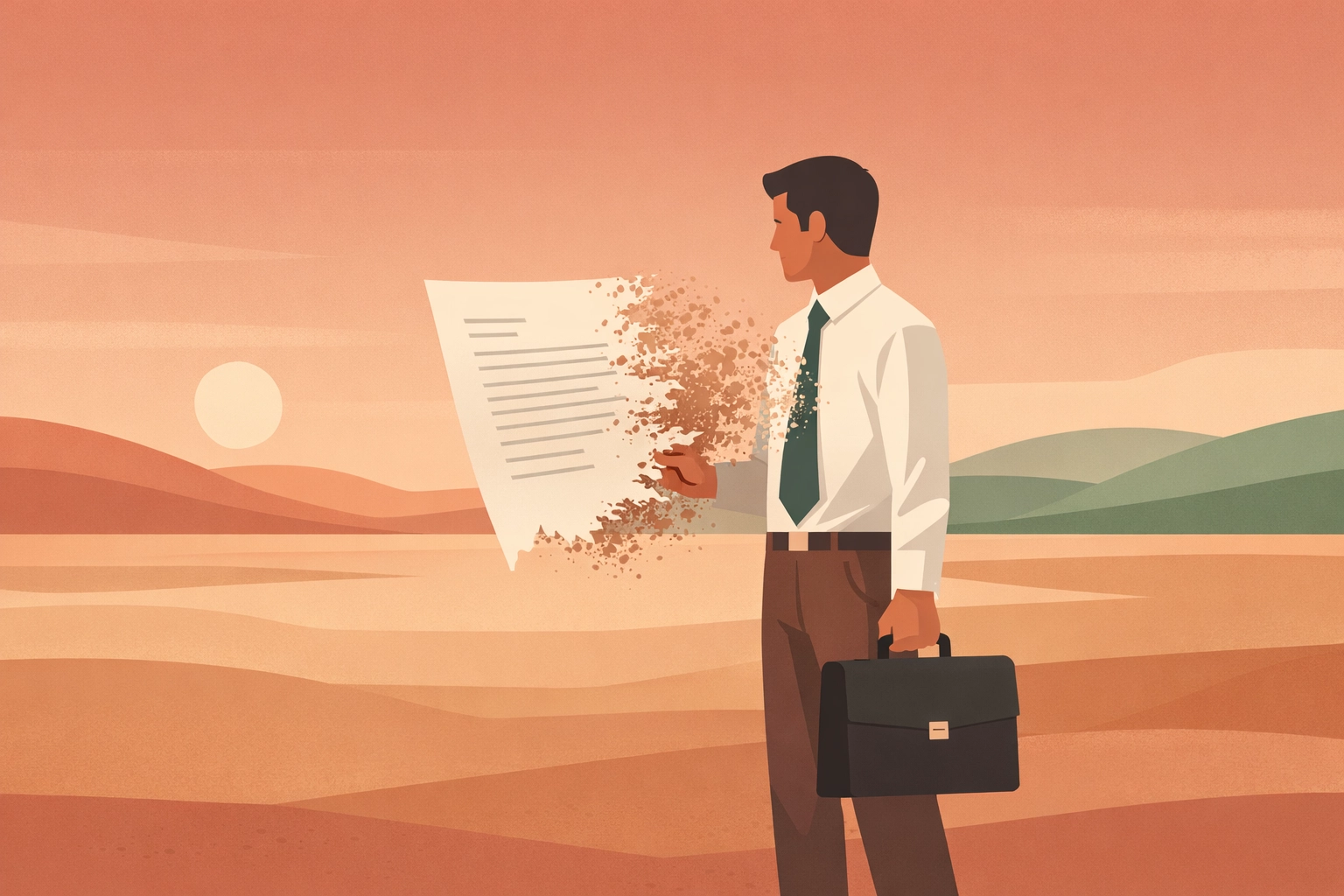 A professional figure holds a dissolving contract symbolizing the betrayal of trust in RTO mandates.