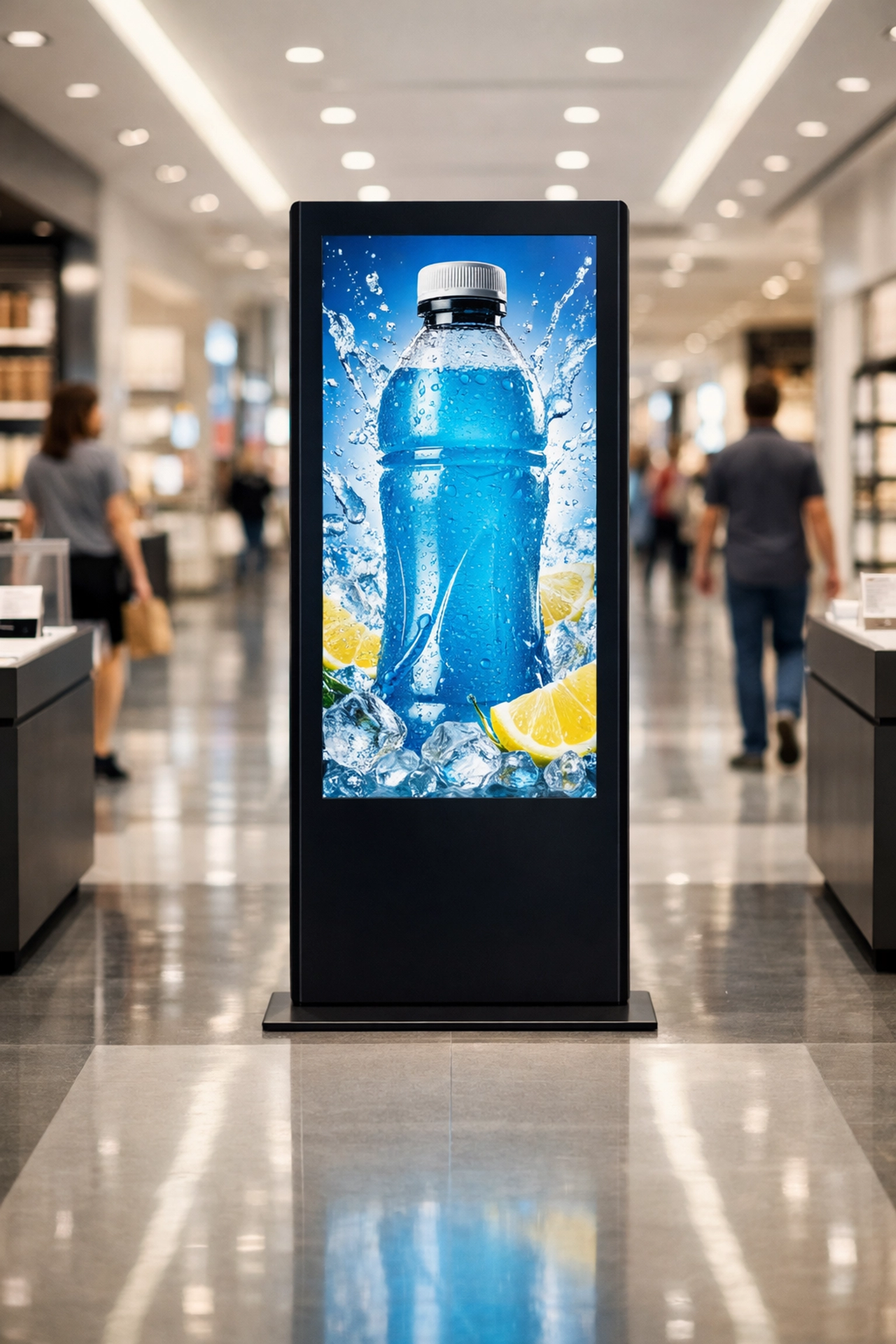 Modern in-store digital totem screen displaying a sports drink advertisement in a retail shopping aisle.