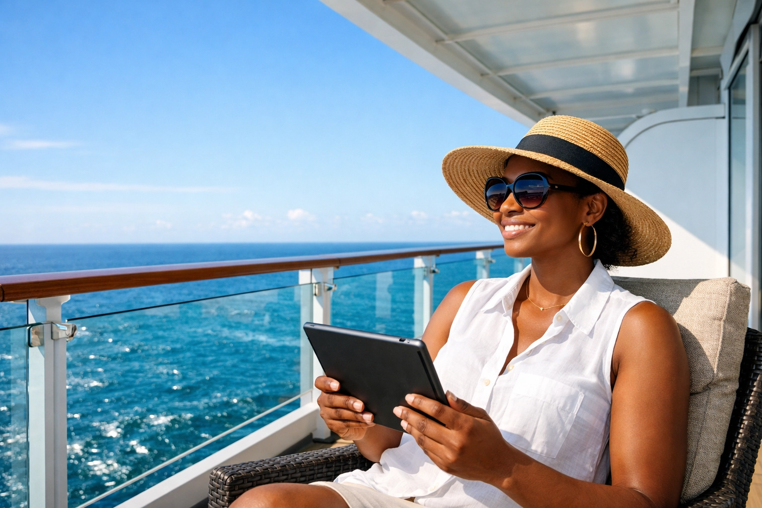 A woman exploring luxury cruise deals on her balcony with help from a cruise travel agent.