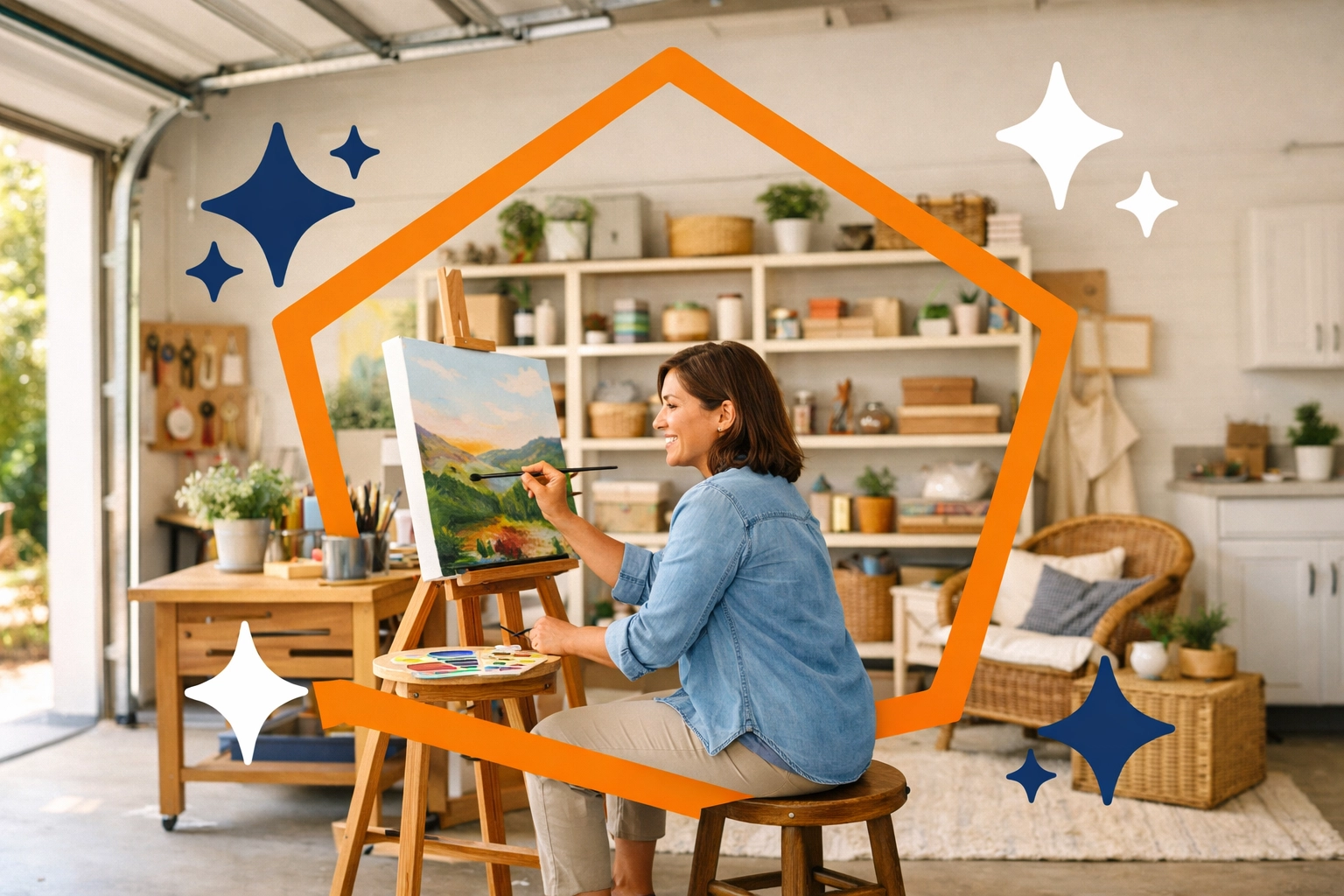 Creative studio in a reclaimed garage space, representing the mental freedom of owning less.