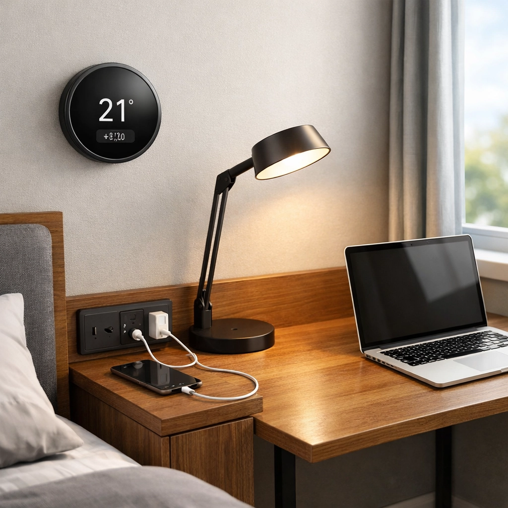 Smart home amenities in HMO bedroom including thermostat and USB charging ports