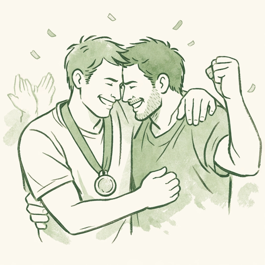 Gay couple embracing while celebrating a gold medal victory in a sports competition.