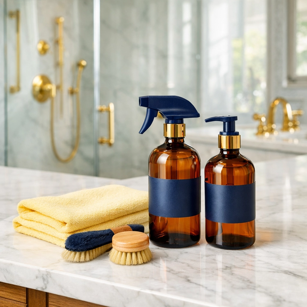 Eco-friendly move-out cleaning in a West Cambridge luxury bathroom with marble surfaces.