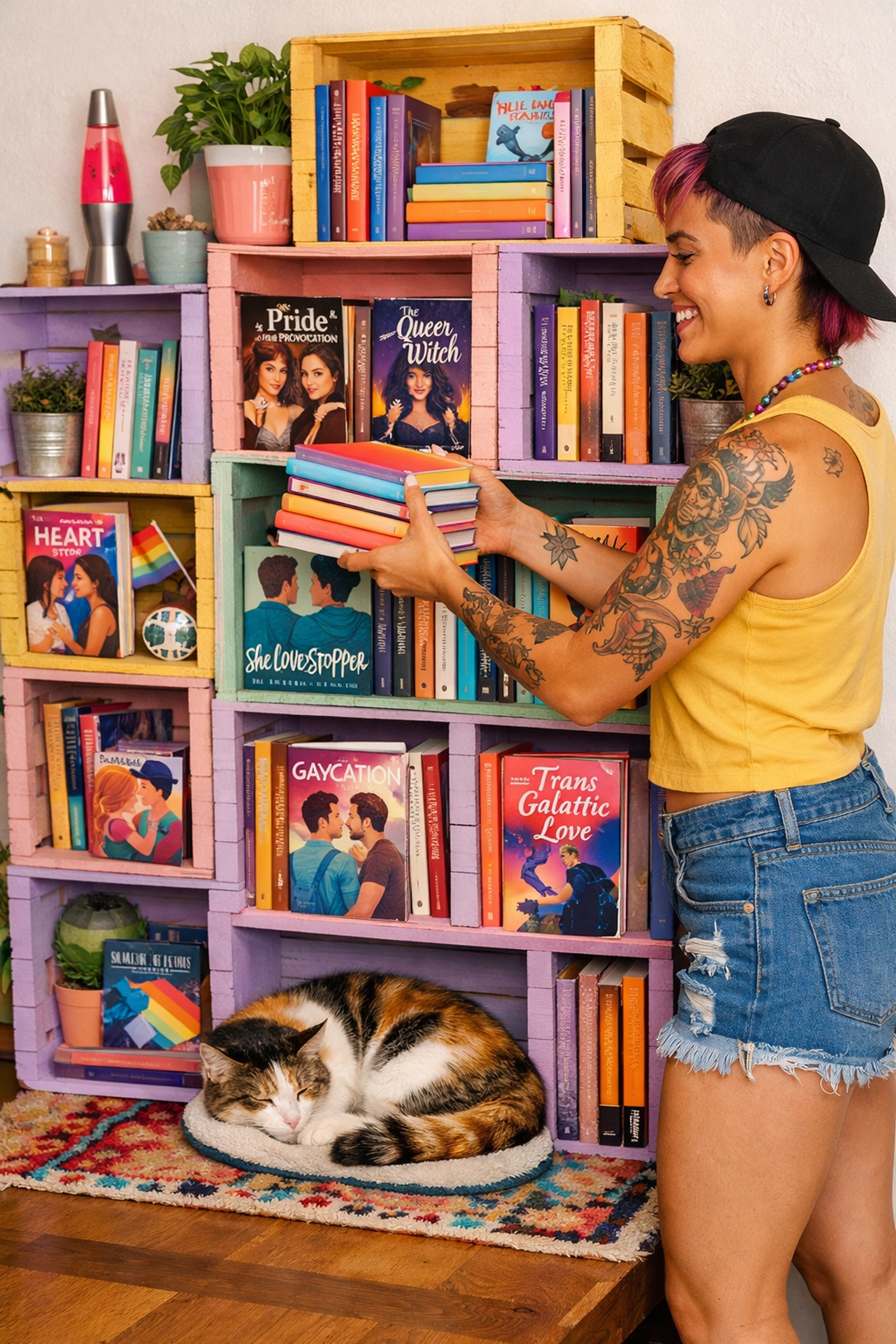 A woman organizes a colorful DIY crate bookshelf filled with queer fiction and LGBTQ+ novels.