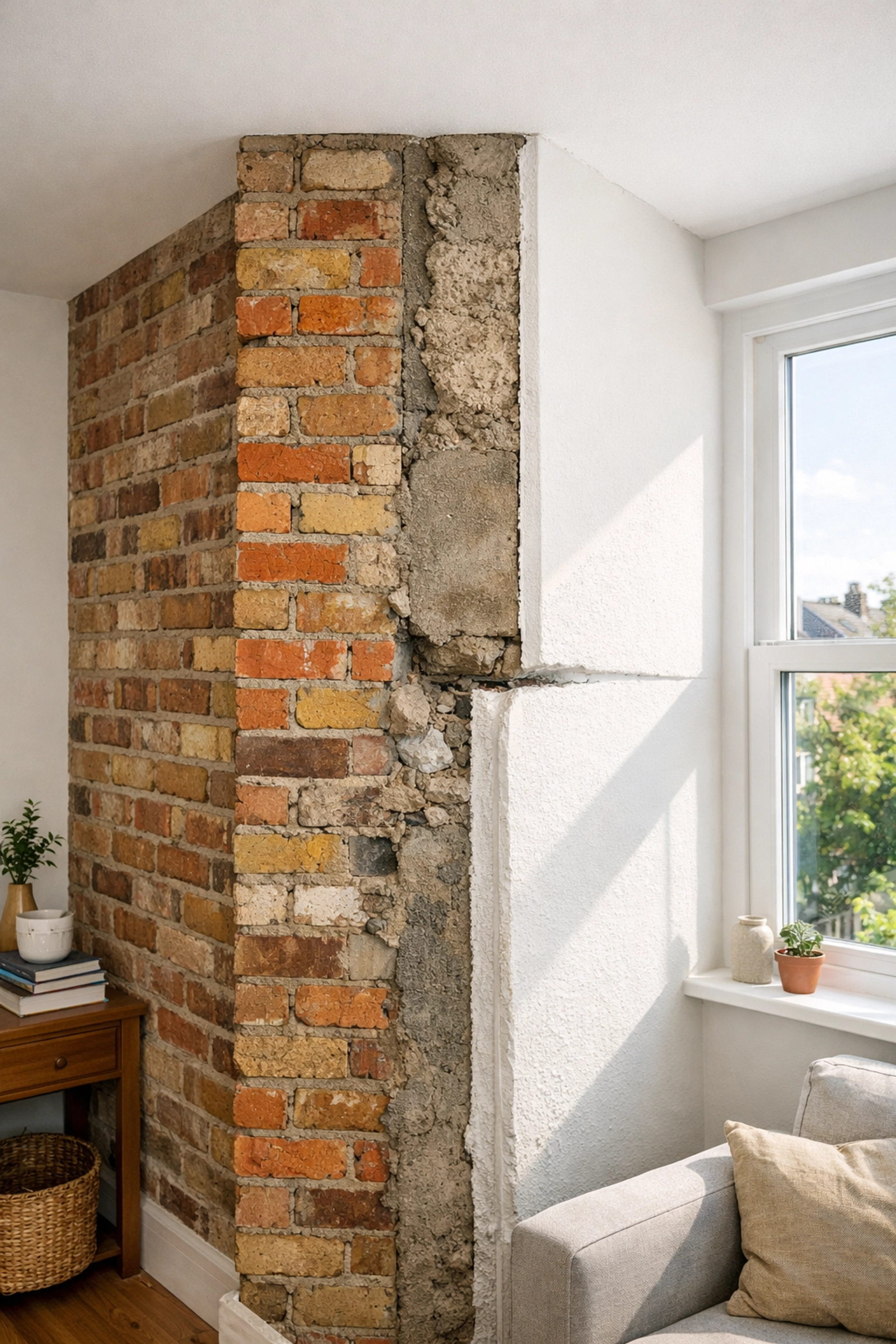 Party wall exposed brick detail in renovated London terraced house interior