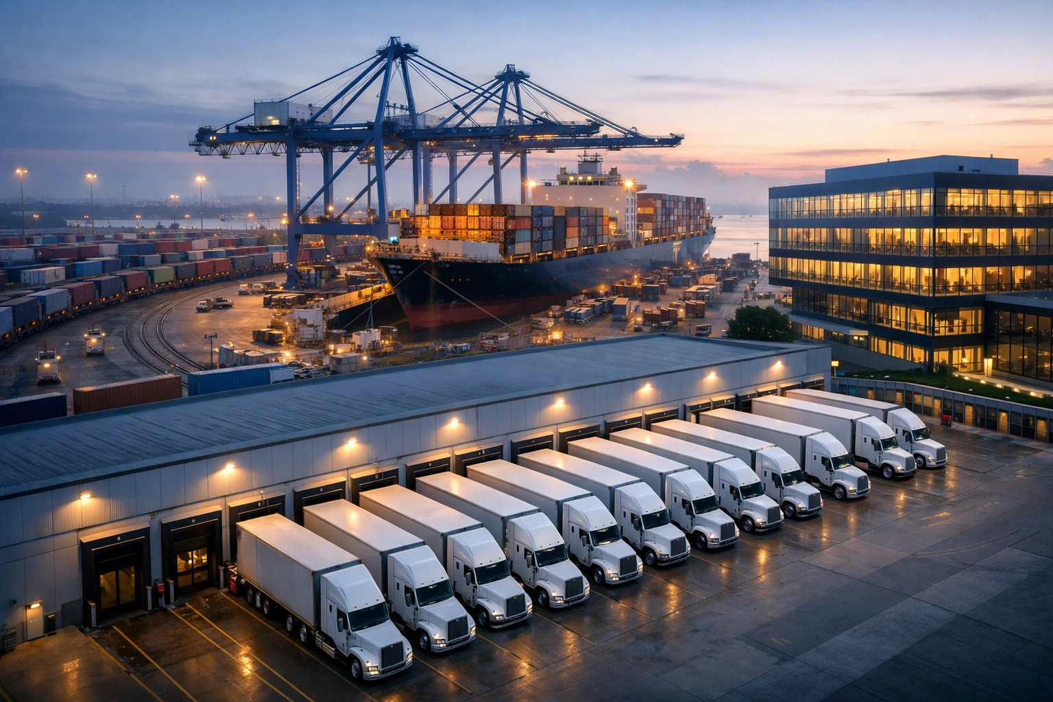 Multi-modal logistics terminal representing integrated supply chain management and 1PL–4PL orchestration.