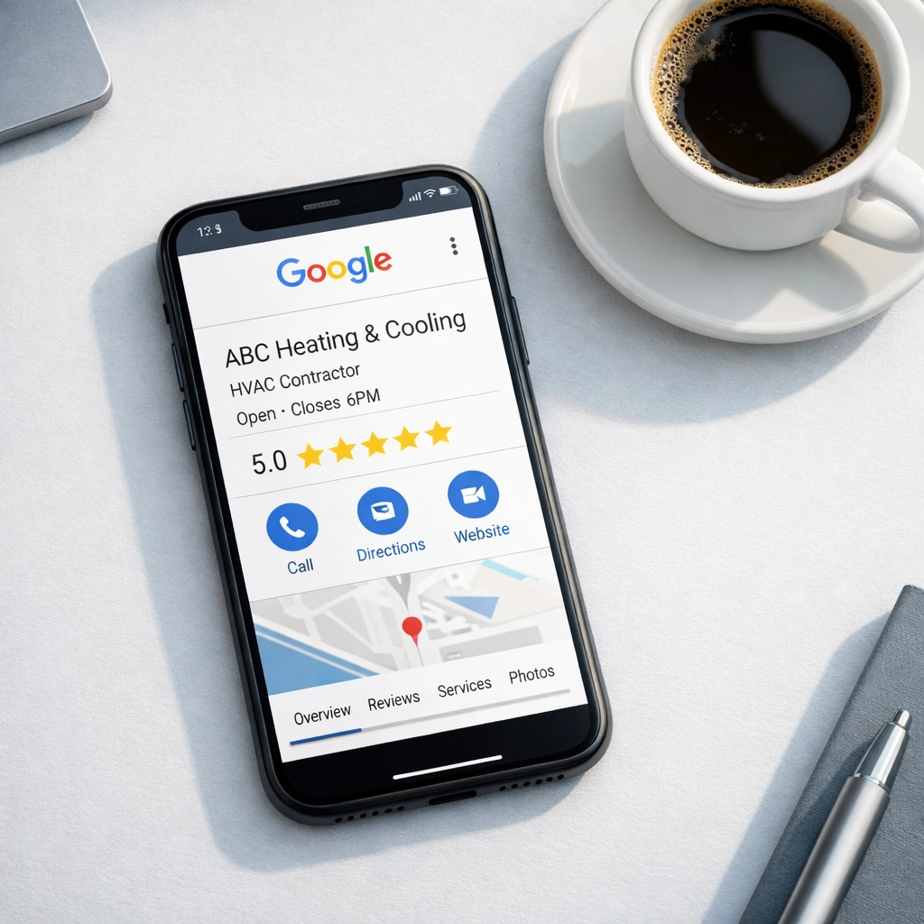 Google Business Profile for HVAC company showing five-star reviews on smartphone