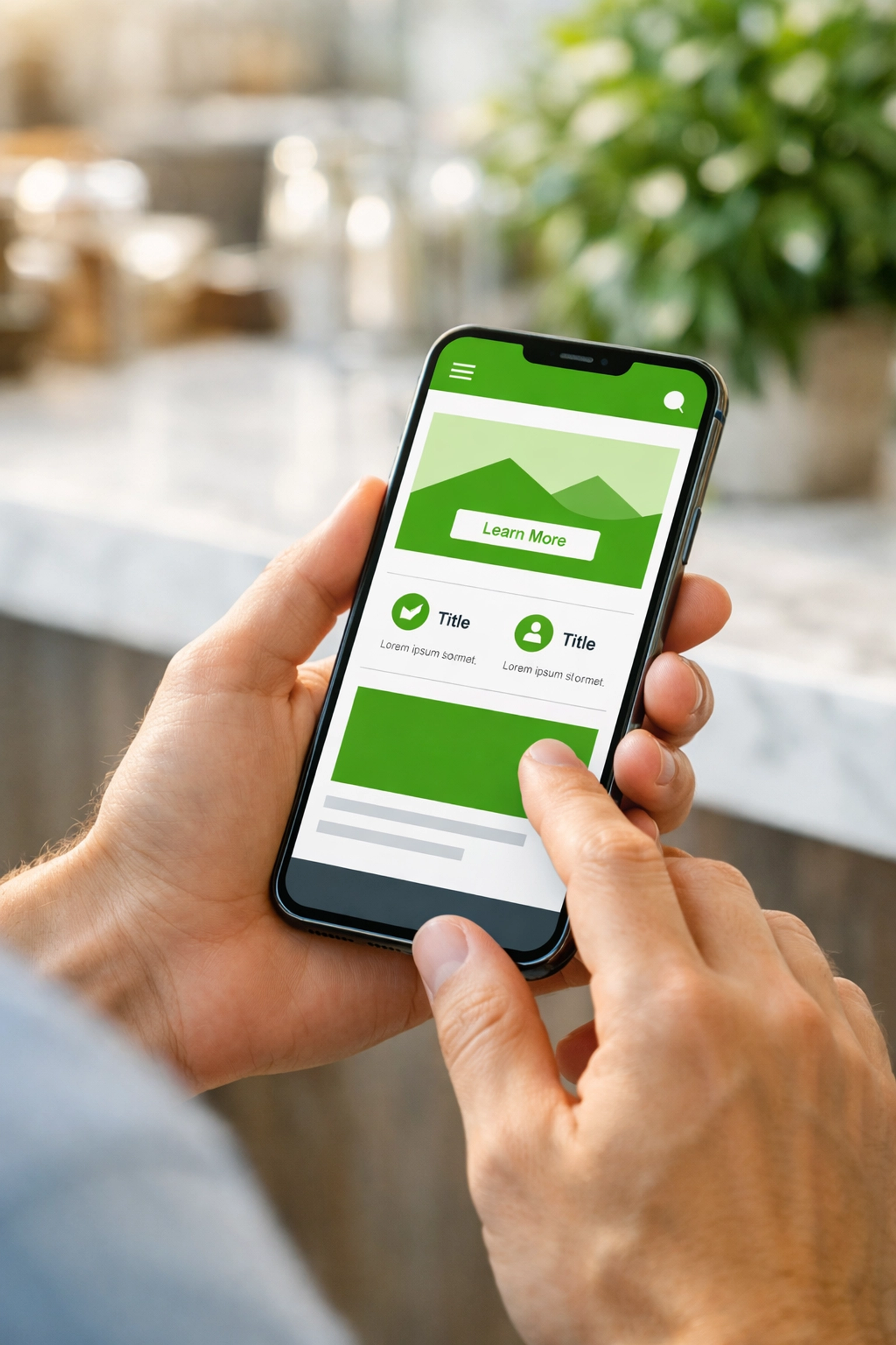User browsing a responsive local business website on a smartphone in a bright cafe setting.