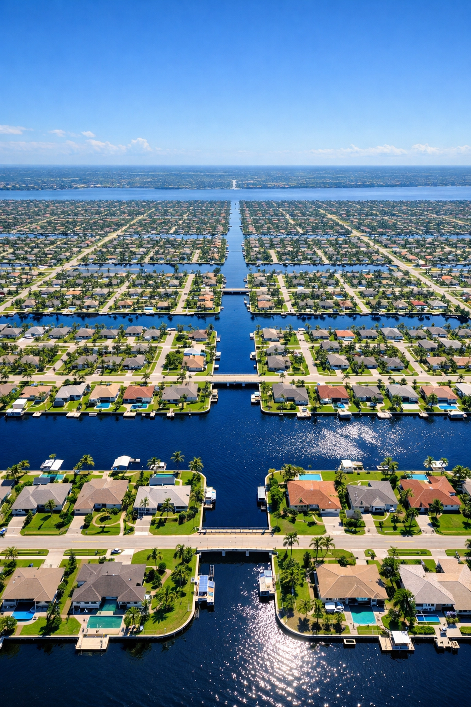 Aerial view of the unique canal system and residential grid within the four Cape Coral quadrants.
