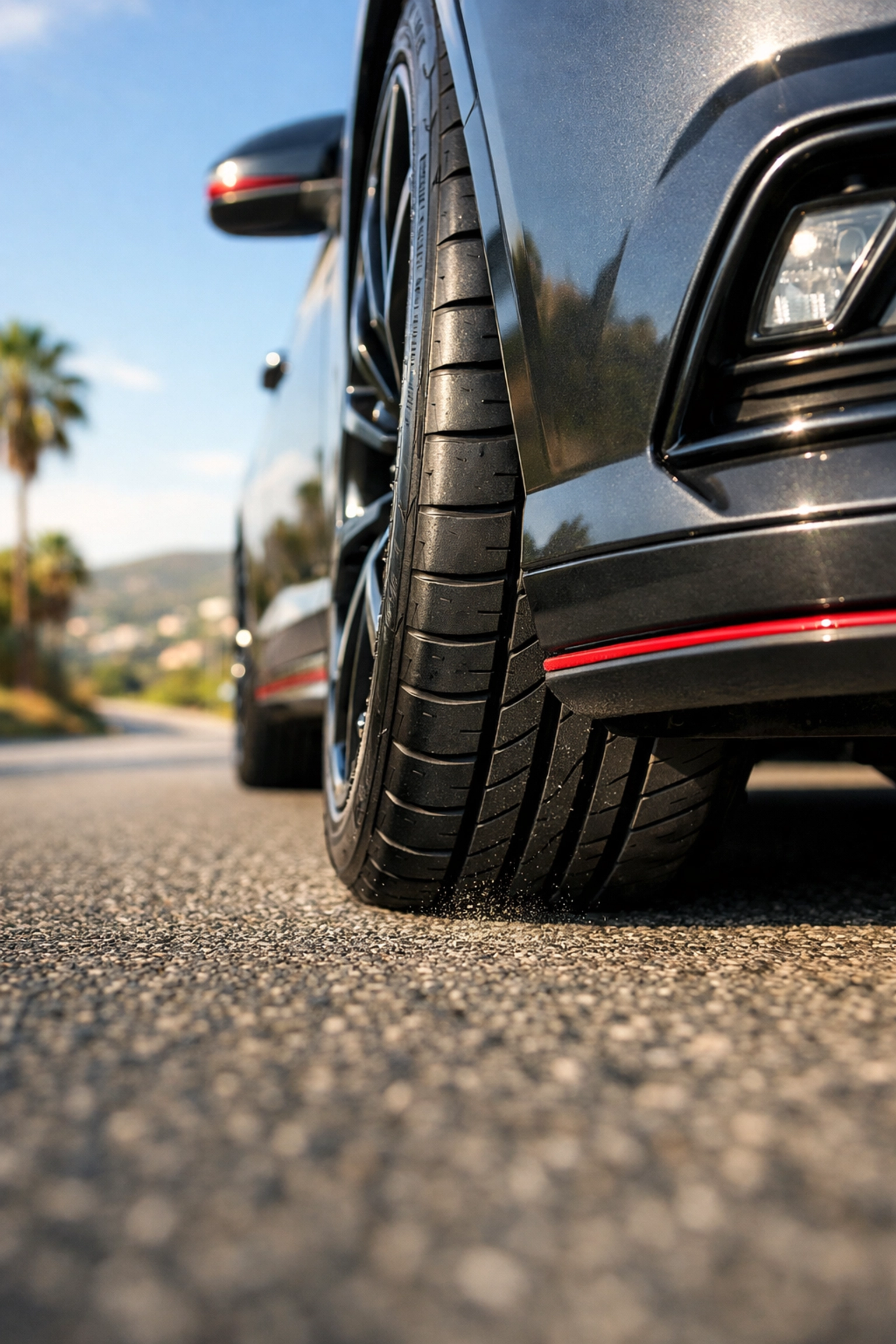 A car tire with perfect road contact following a professional wheel alignment in Aliso Viejo.