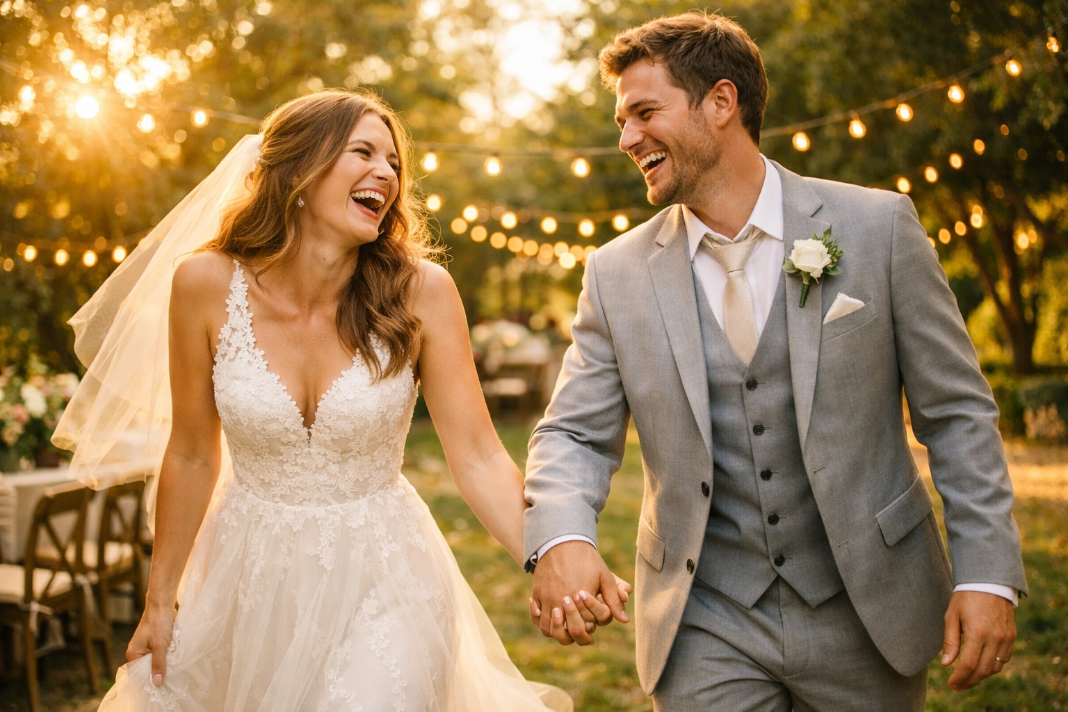 Newlywed couple enjoying a debt-free wedding celebration after using online RSVP funding tools.