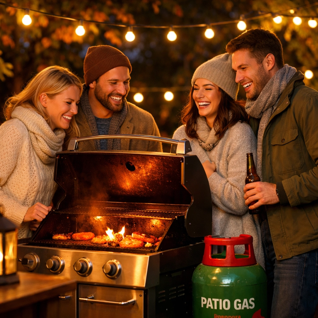 Friends enjoying a garden BBQ on a cool evening using a green propane patio gas bottle.