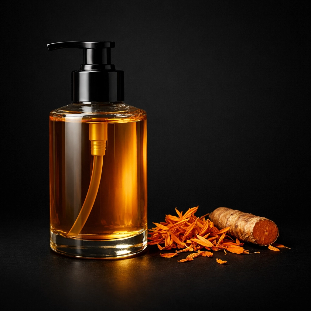 Concentrated waterless body oil in a glass pump bottle with natural calendula and turmeric for dry skin.