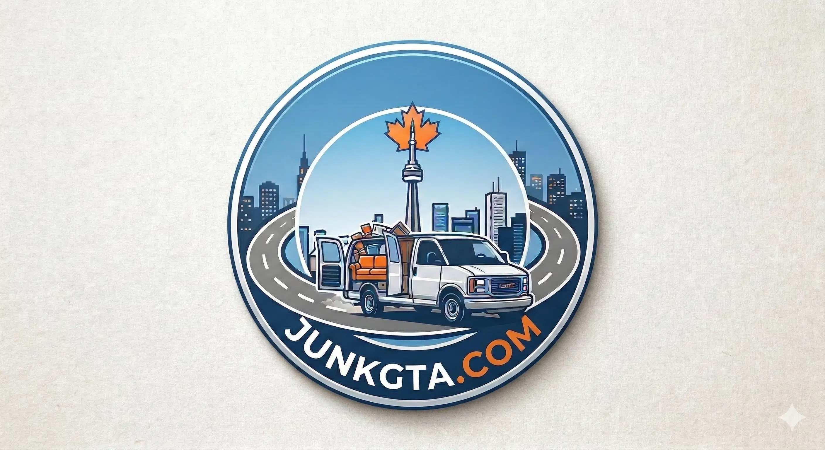 How to Get Rid of an Old Mattress in Innisfil: (Without the Headache) A branded cargo van filled with junk items, including a couch and boxes, parked against a stylized Toronto skyline.