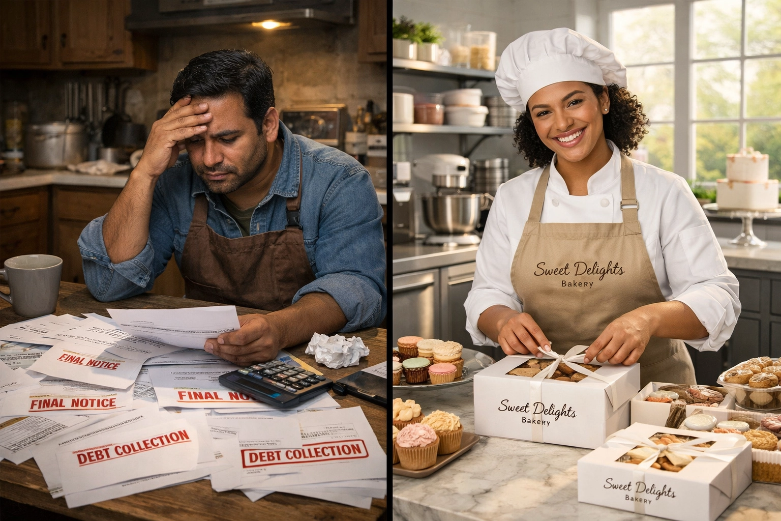 Comparison showing sole proprietor struggles versus LLC-protected home baker success